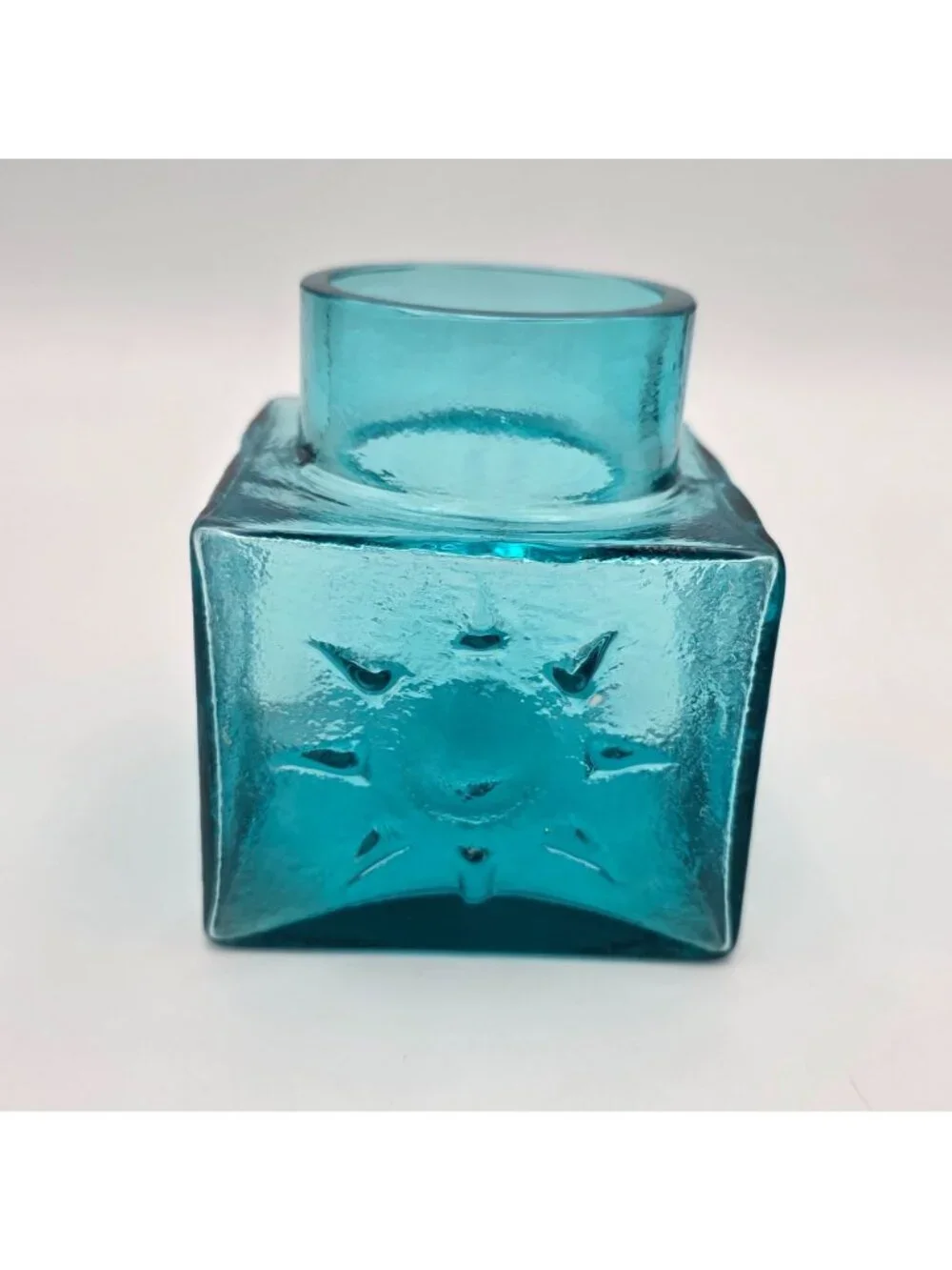 MCM Dartington Blue Glass Cube Vase Embossed Sunburst Design Textured Finish
